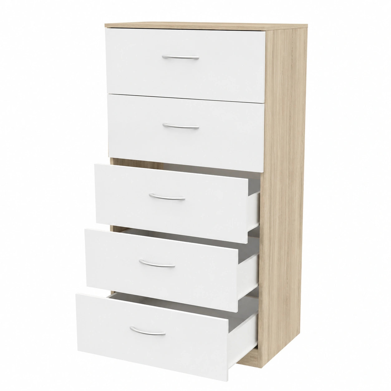 DORMIDAN - Cómoda de 5 cajones con guías metálicas, para dormitorio, altura 110 cm (Roble y Blanco)