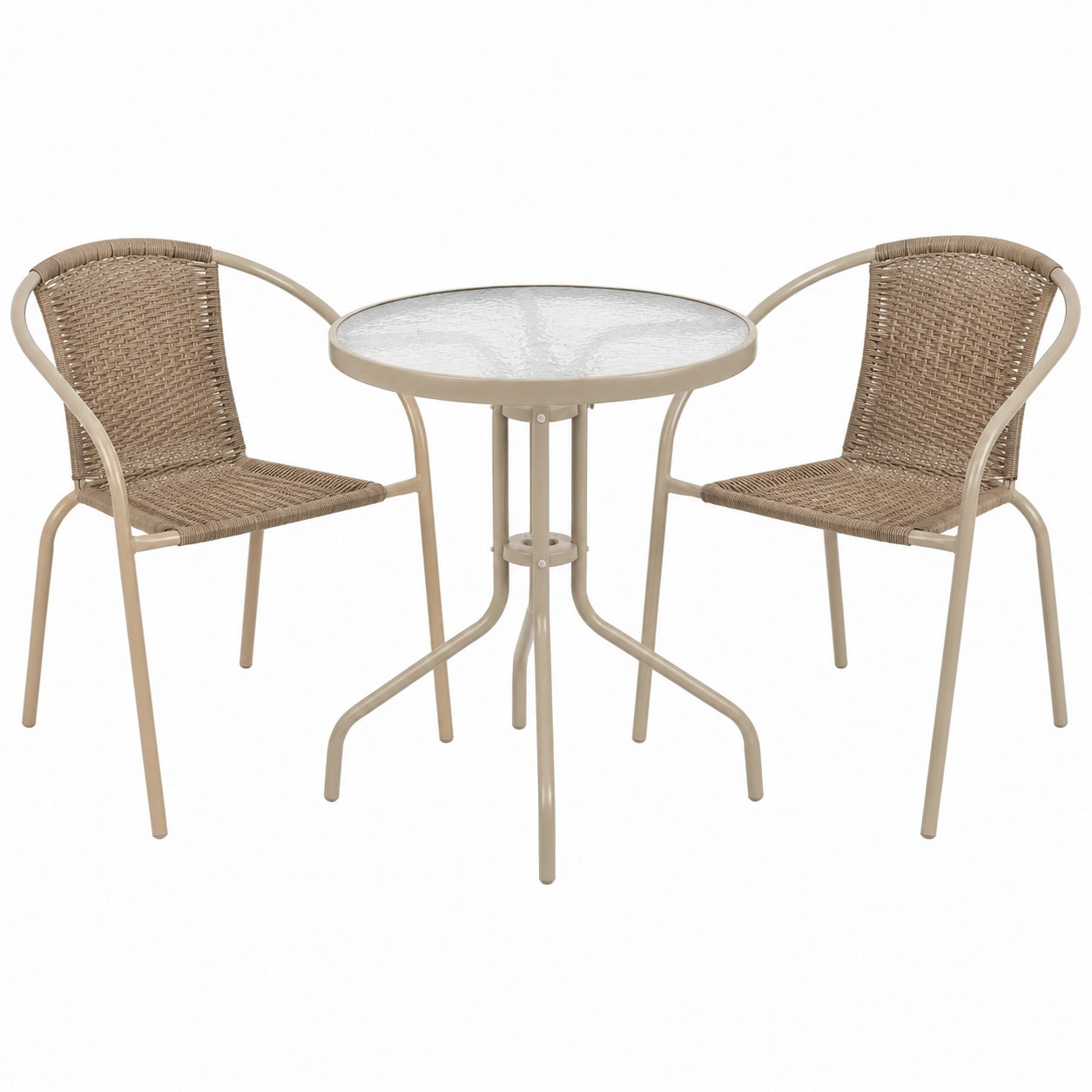 Set de Jardín Exterior: Mesa de Cristal y 2 Sillas de Ratán Beige