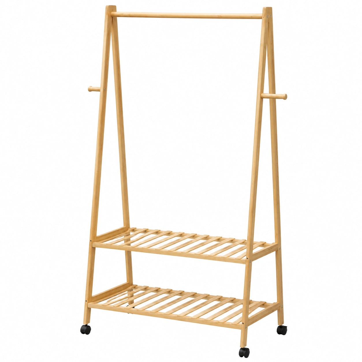 Perchero de Pie con Ruedas y Estantes de Bambú para Ropa, 4 Ganchos, 155x70cm