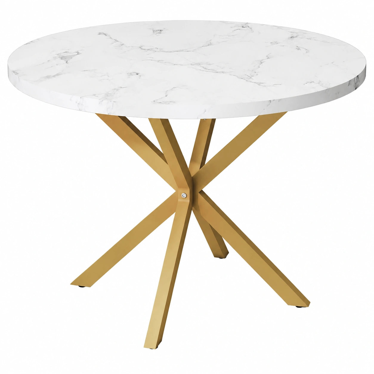 Mesa de Comedor Redonda Moderna con Acabado de Mármol, Patas de Metal, para Cocina y Sala de Estar, Color Blanco