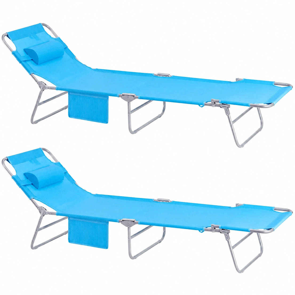 Conjunto de 2 Tumbonas Reclinables Plegables con Cojín y Bolsillo, Azul