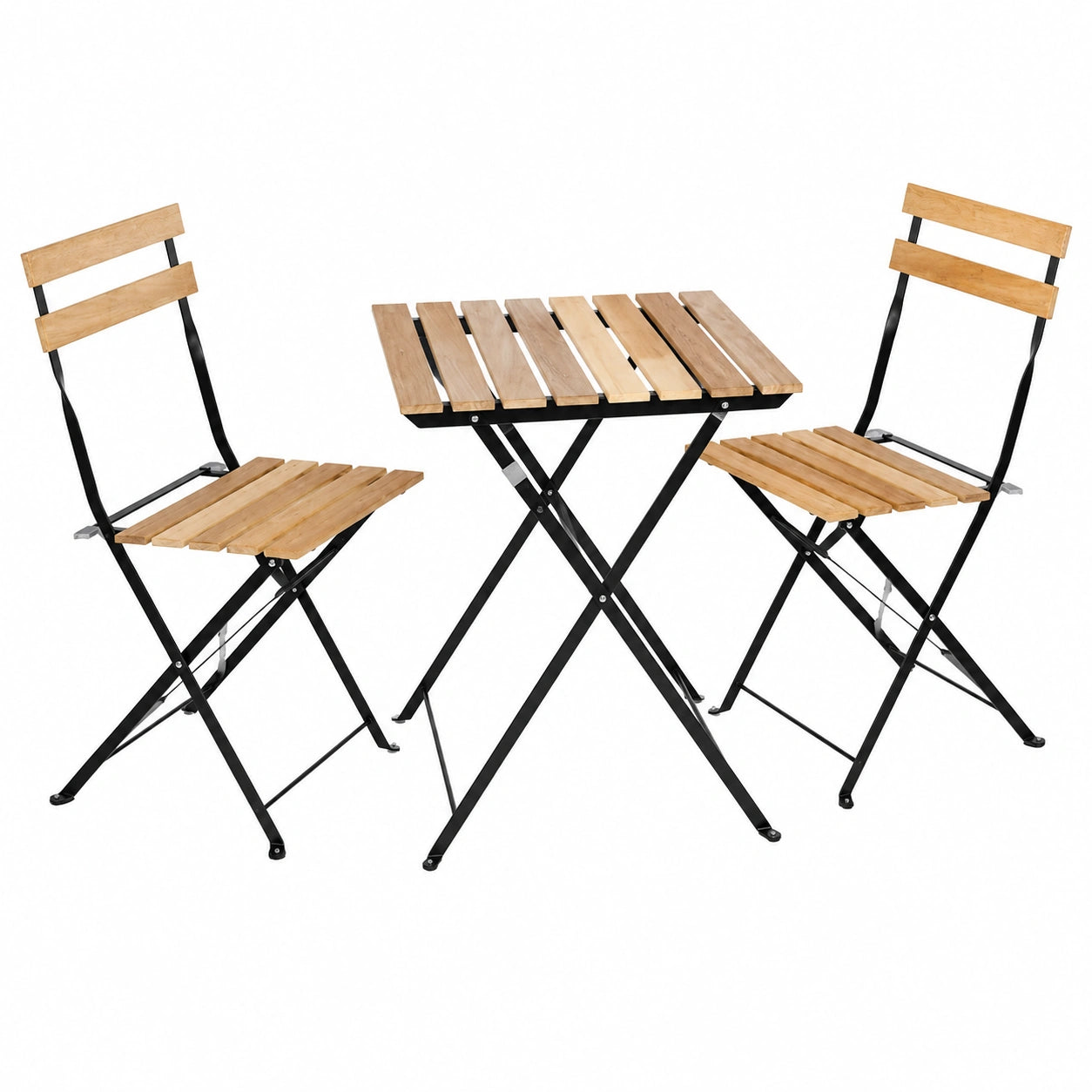 Conjunto de Muebles Plegables para Jardín de 3 Piezas: Mesa y 2 Sillas en Metal y Madera, Estilo Bistró Retro con Patas Antideslizantes para Terrazas y Balcones