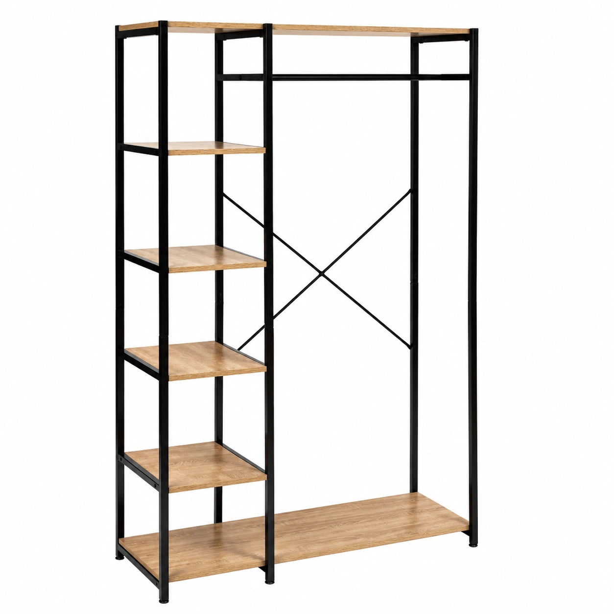 Armario Industrial Efecto Madera y Metal Negro con 5 Estantes y Perchero, 100x40x170 cm